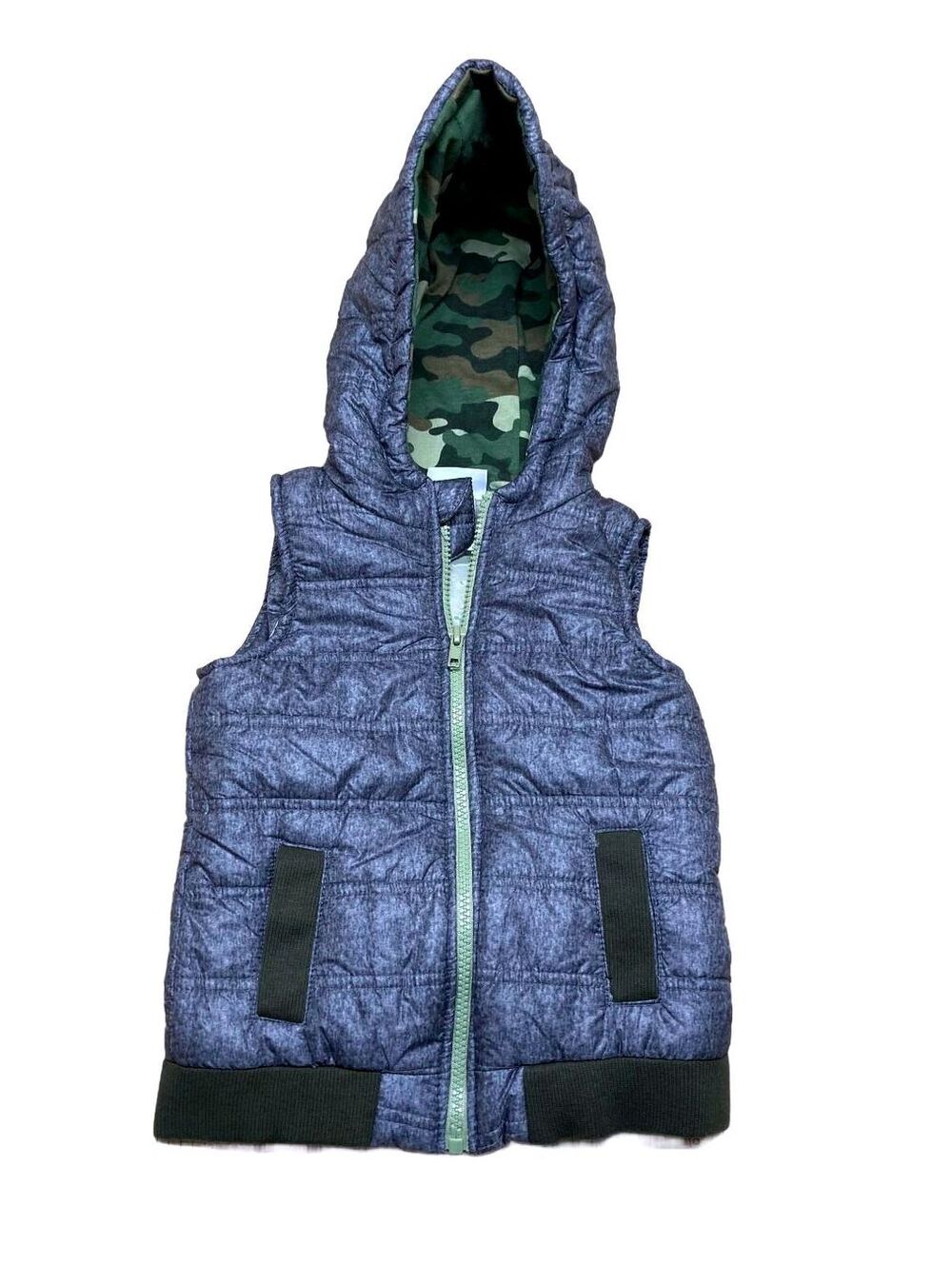Tommy Bahama Boys' Hooded Puffer Vest Size 4T Blue with Camo Lining